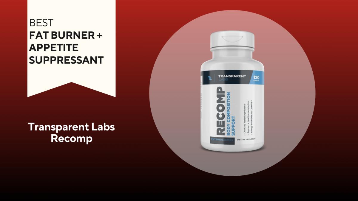 A red background with a white banner that says Best Fat Burner and Appetite Suppressant next to a white bottle with black text saying Transparent Labs Recomp