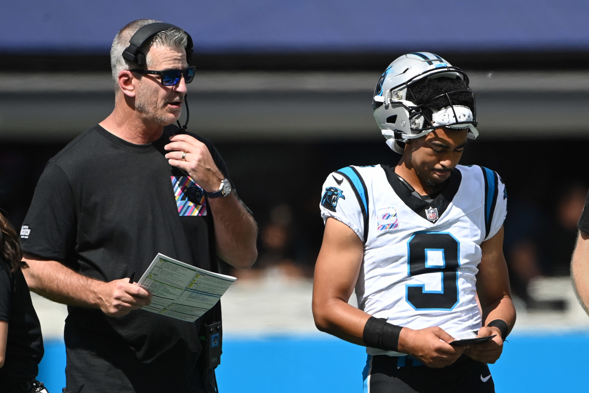Panthers coach Frank Reich and quarterback Bryce Young during Carolina's 21-13 loss to the Vikings on Oct. 1, 2023.