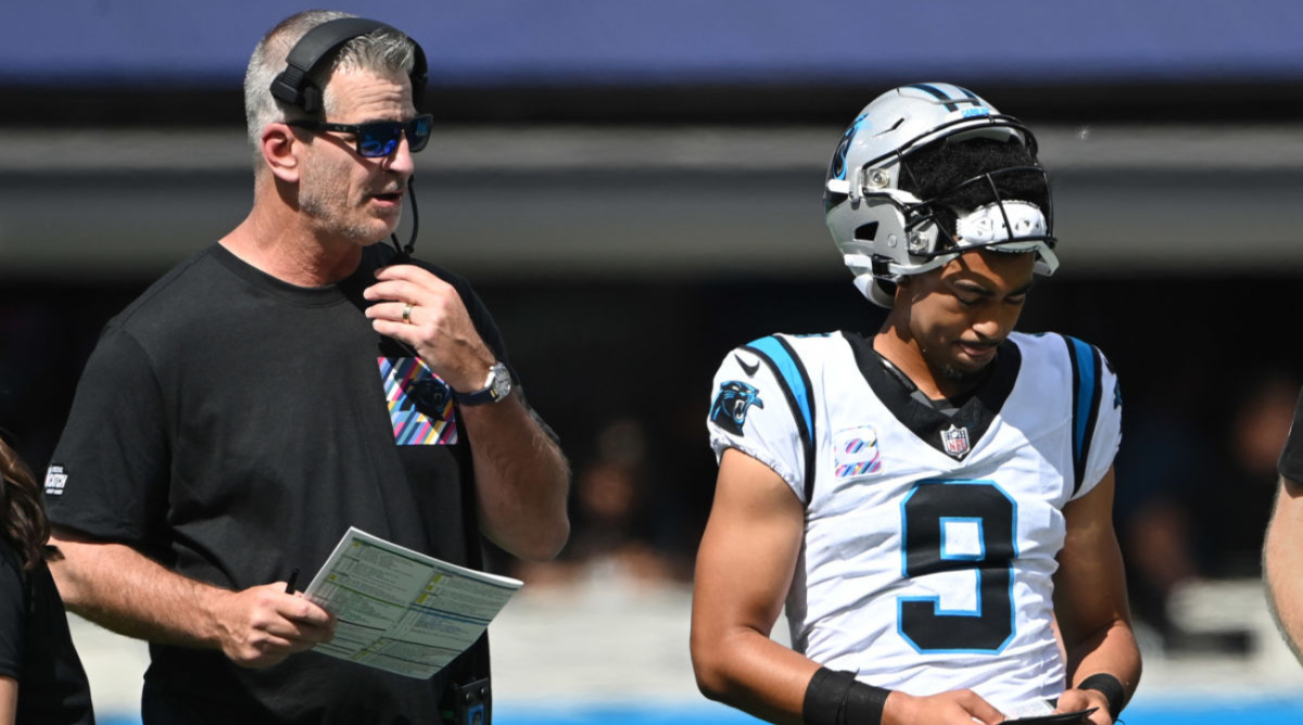 Panthers coach Frank Reich and quarterback Bryce Young during Carolina’s 21–13 loss to the Vikings on Oct. 1, 2023.