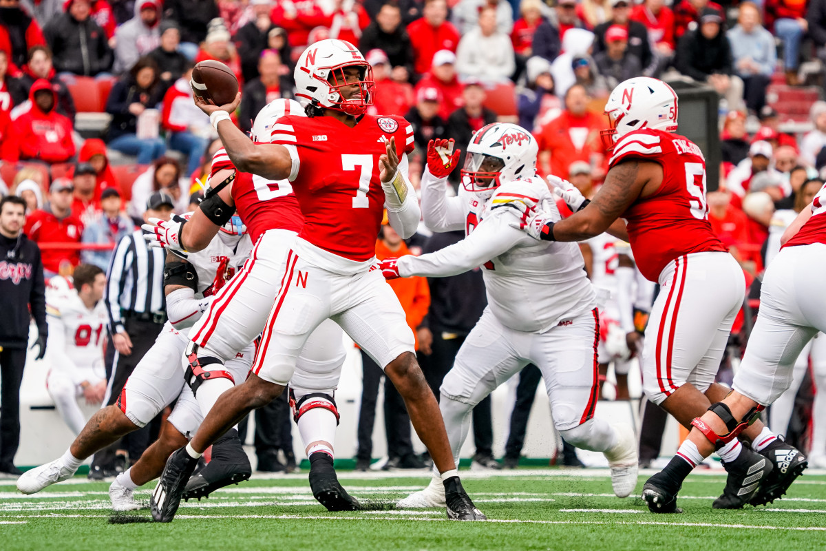 Jeff Sims pass 3Q 2023 Nebraska vs Maryland football USATSI_21873908