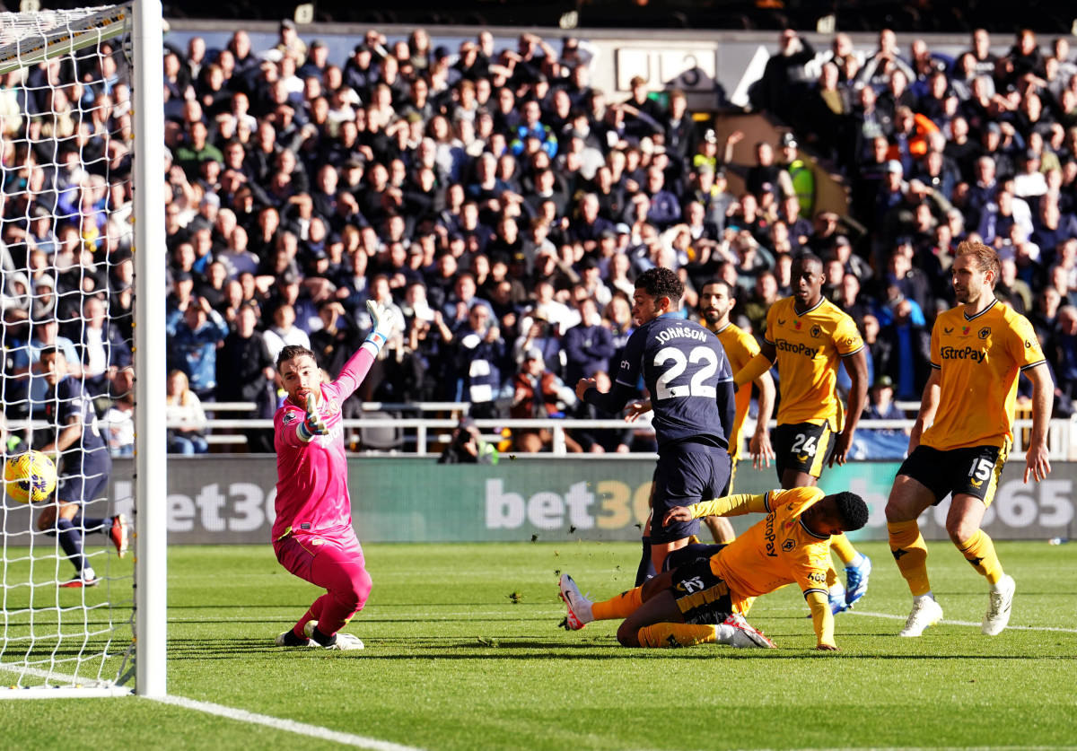 Brennan Johnson (22) pictured scoring his first goal for Tottenham Hotspur, against Wolves in November 2023