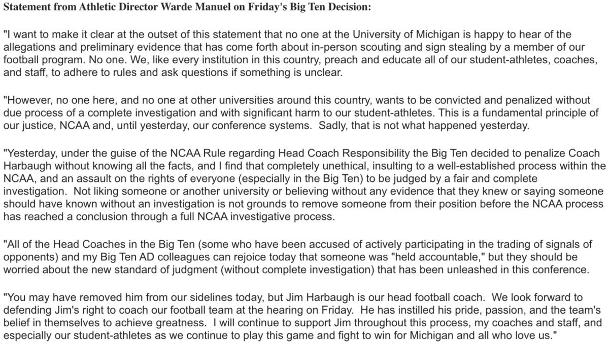 Michigan AD Warde Manuel's statement