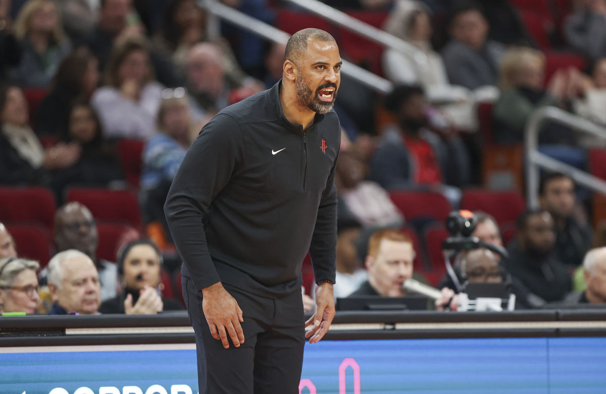 Houston Rockets' Ime Udoka coaching during a pre-season game against the Pacers.