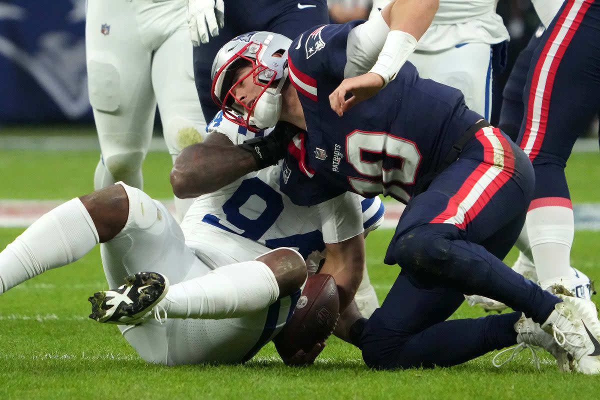 Jones goes down for a sack during Sunday's game.