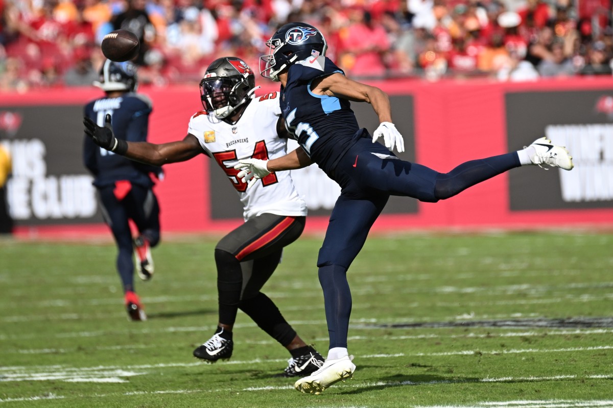 Tampa Bay Buccaneers linebacker Lavonte David (54) and Tennessee Titans wide receiver Nick Westbrook-Ikhine (15) attempt to catch the ball during the first half at Raymond James Stadium.