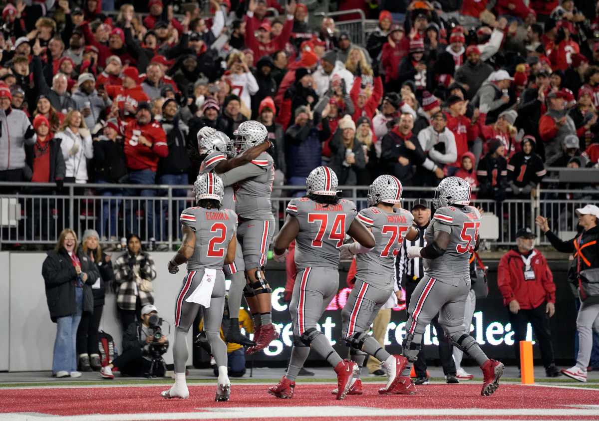 Ohio State Buckeyes wide receiver Marvin Harrison Jr. (18) celebrates his touchdown in the first quarter during the NCAA football game against Michigan State University at Ohio Stadium
