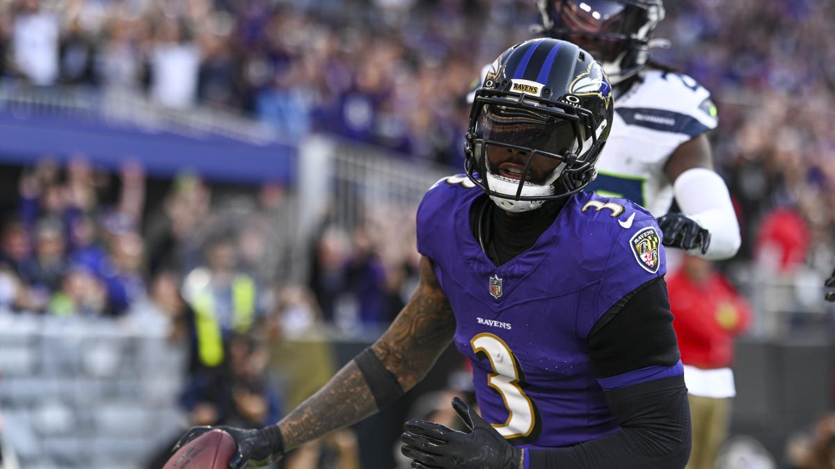 Nov 5, 2023; Baltimore, Maryland, USA; Baltimore Ravens wide receiver Odell Beckham Jr. (3) reacts after catching a fourth quarter touchdown against the Seattle Seahawks at M&T Bank Stadium.