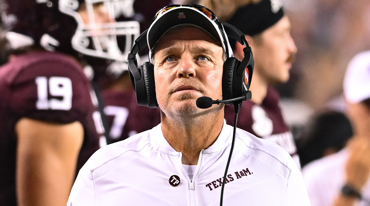 Texas A&M coach Jimbo Fisher looks on during the third quarter against New Mexico at Kyle Field.