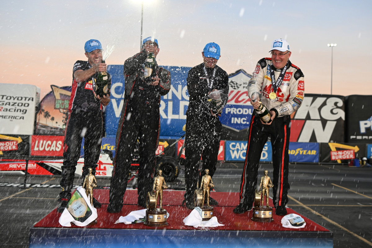 Here's the winners of Sunday's NHRA season-ending race, the In-N-Out Burger NHRA World Finals (from left): Gaige Herrera (Pro Stock Motorcycle), Aaron Stanfield (Pro Stock), Chad Green (Funny Car) and Doug Kalitta (Top Fuel). Photo courtesy NHRA.