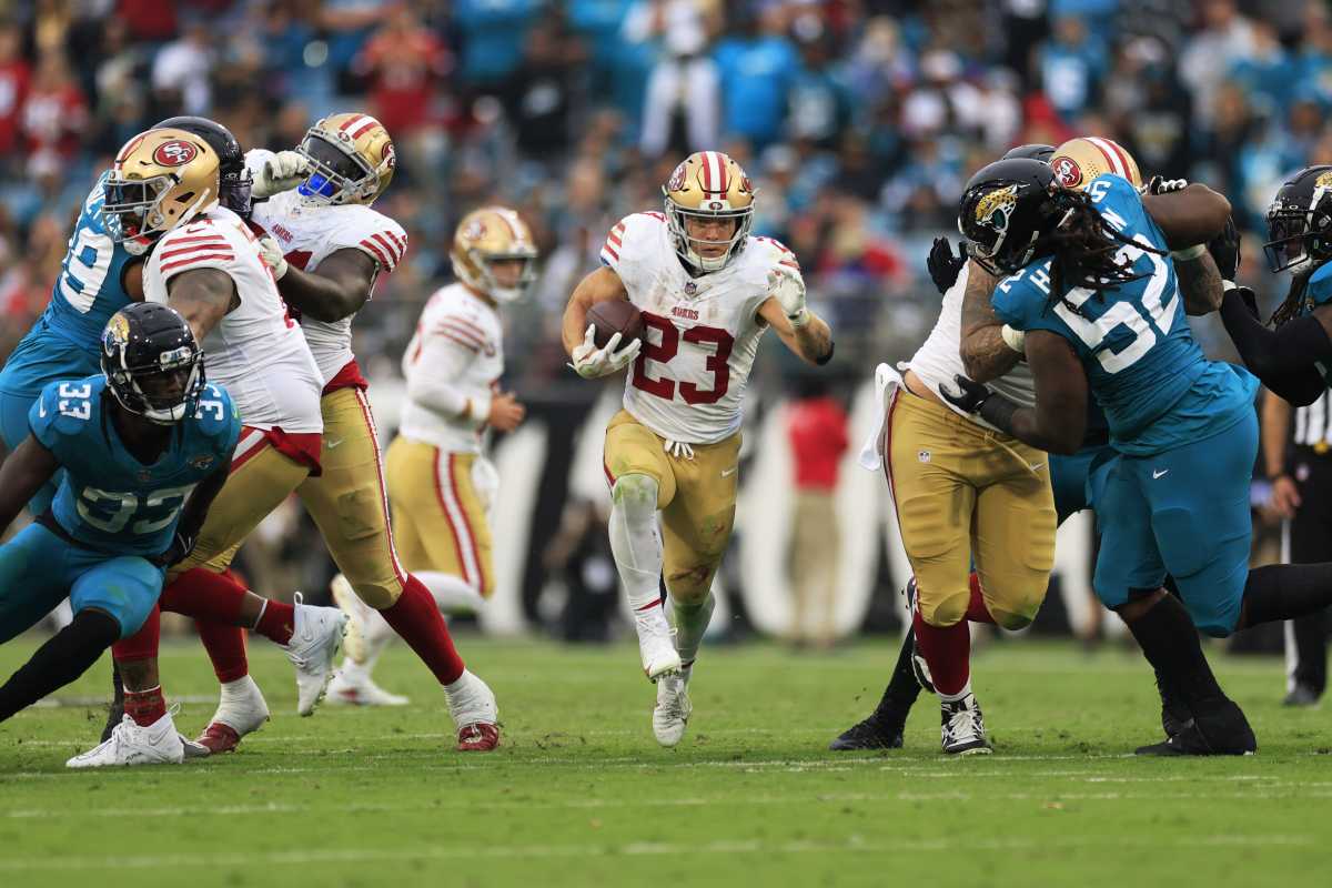 San Francisco 49ers running back Christian McCaffrey (23) rushes for yards during the third quarter of an NFL football game Sunday, Nov. 12, 2023 at EverBank Stadium in Jacksonville, Fla. The San Francisco 49ers defeated the Jacksonville Jaguars 34-3. [Corey Perrine/Florida Times-Union