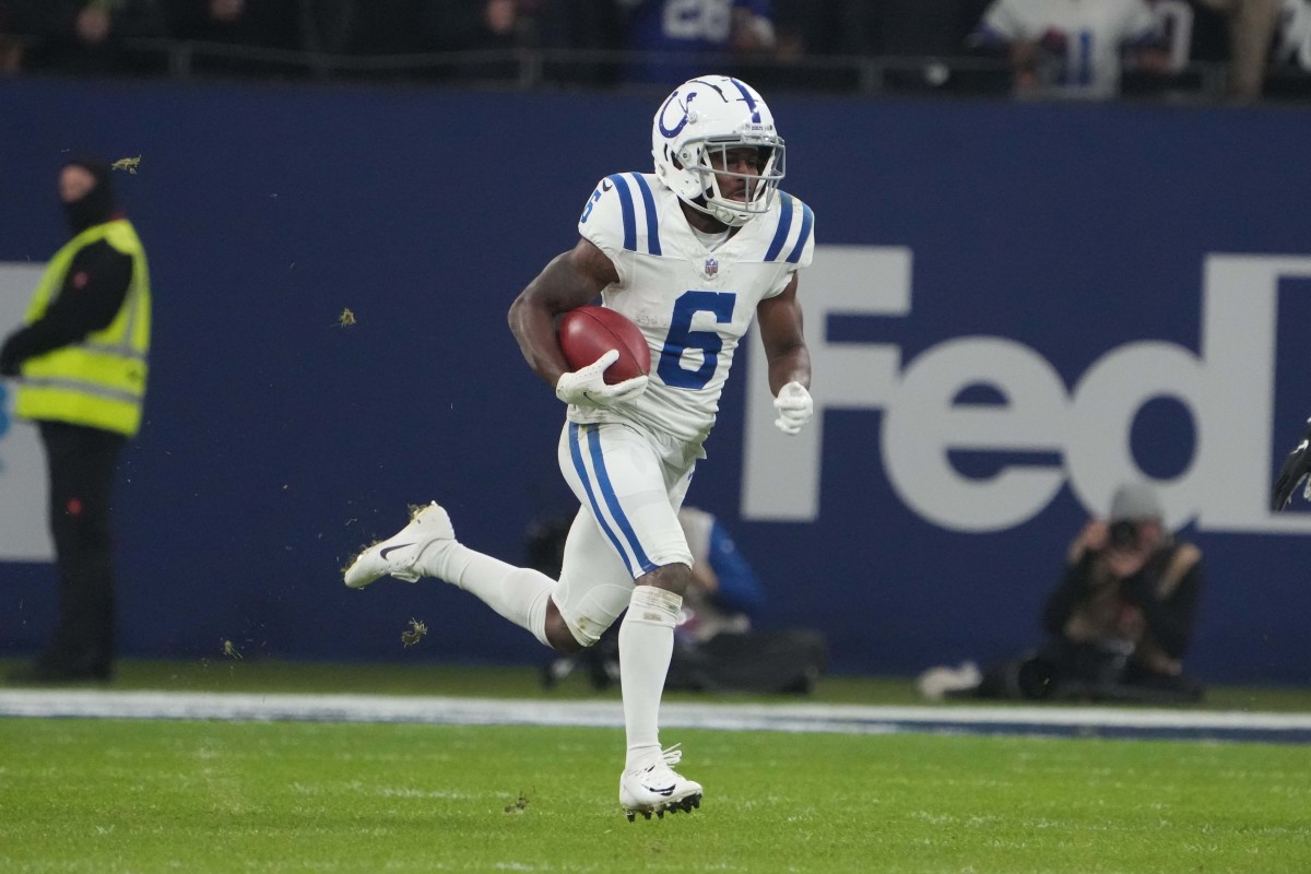 Nov 12, 2023; Frankfurt, Germany; Indianapolis Colts wide receiver Isaiah McKenzie (6) carries the ball on a 42-yard kickoff return against the New England Patriots in the second half during an NFL International Series game at Deutsche Bank Park. Mandatory Credit: Kirby Lee-USA TODAY Sports
