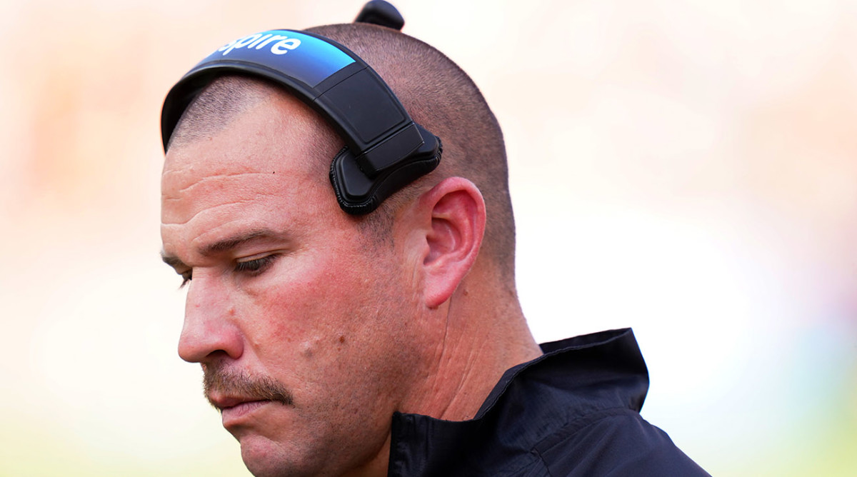 Mississippi State coach Zach Arnett paces the sidelines during the second quarter against Auburn at Jordan-Hare Stadium.