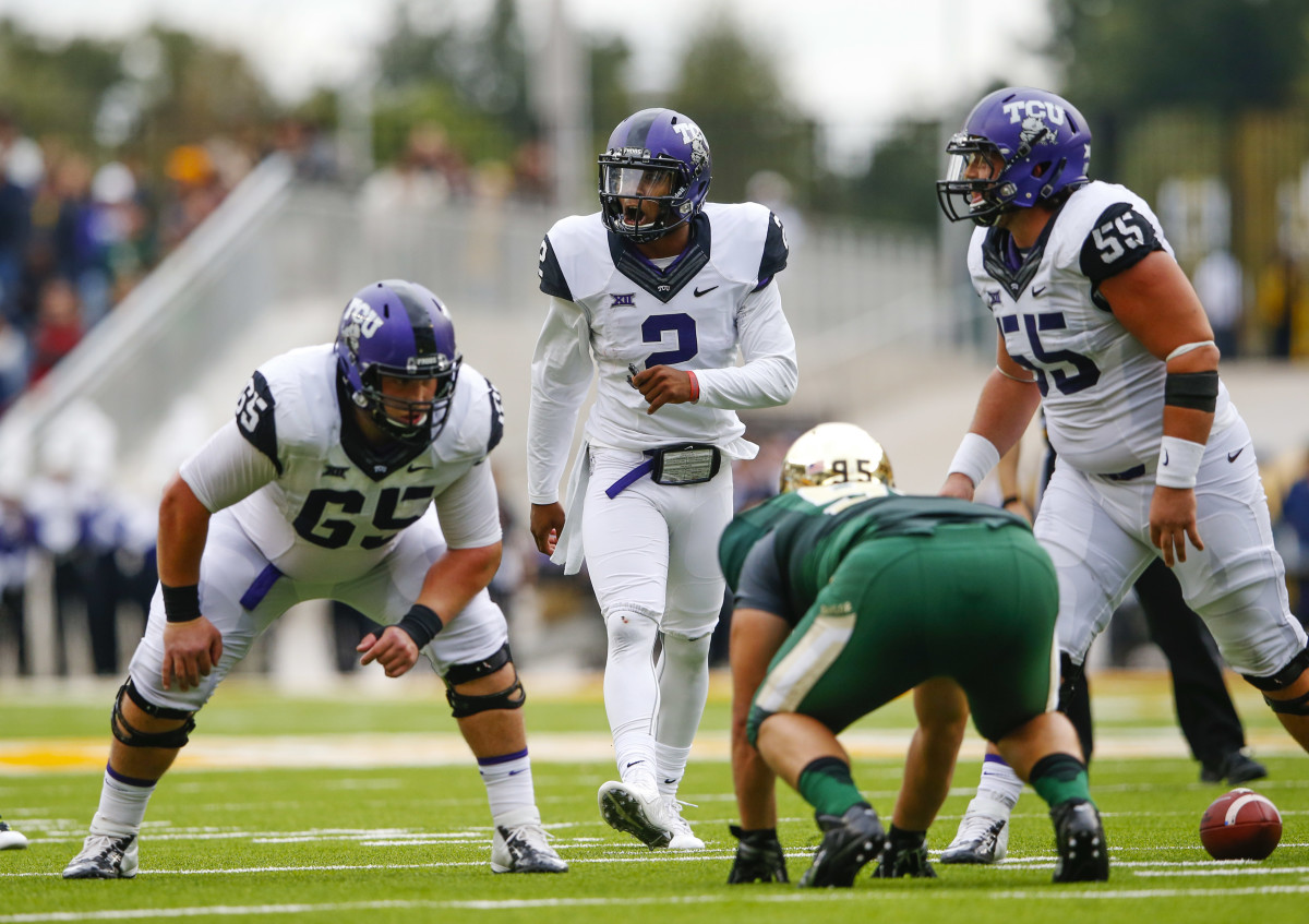 Oct 11, 2014; Waco, TX, USA; TCU Horned Frogs quarterback Trevone Boykin (2) calls a play during the game against the Baylor Bears at McLane Stadium. Mandatory Credit: Kevin Jairaj-USA TODAY Sports