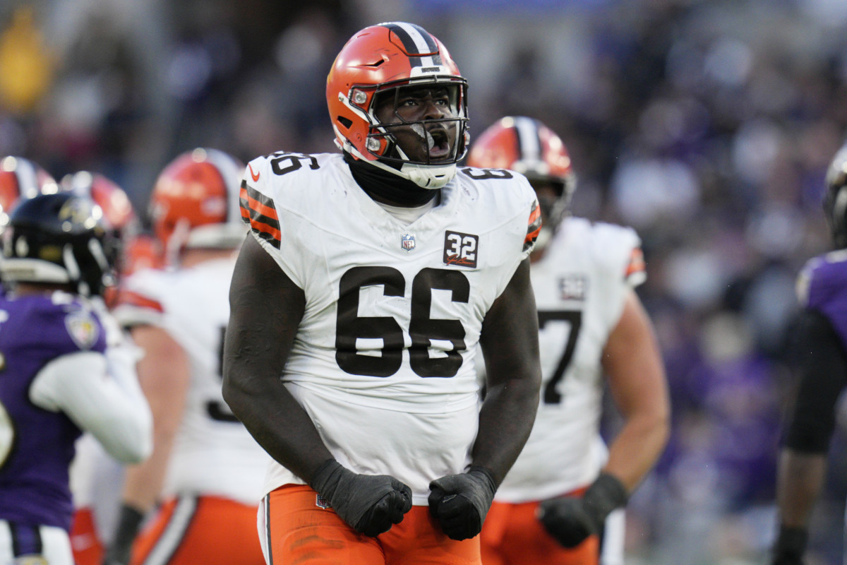 Nov 12, 2023; Baltimore, Maryland, USA; Cleveland Browns offensive tackle James Hudson III (66) celebrates a first down against the Baltimore Ravens during the second half at M&T Bank Stadium.