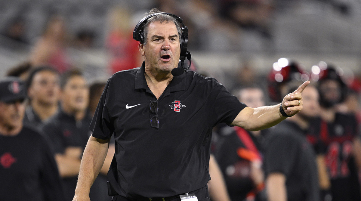San Diego State coach Brady Hoke reacts during the second half against Nevada at Snapdragon Stadium.