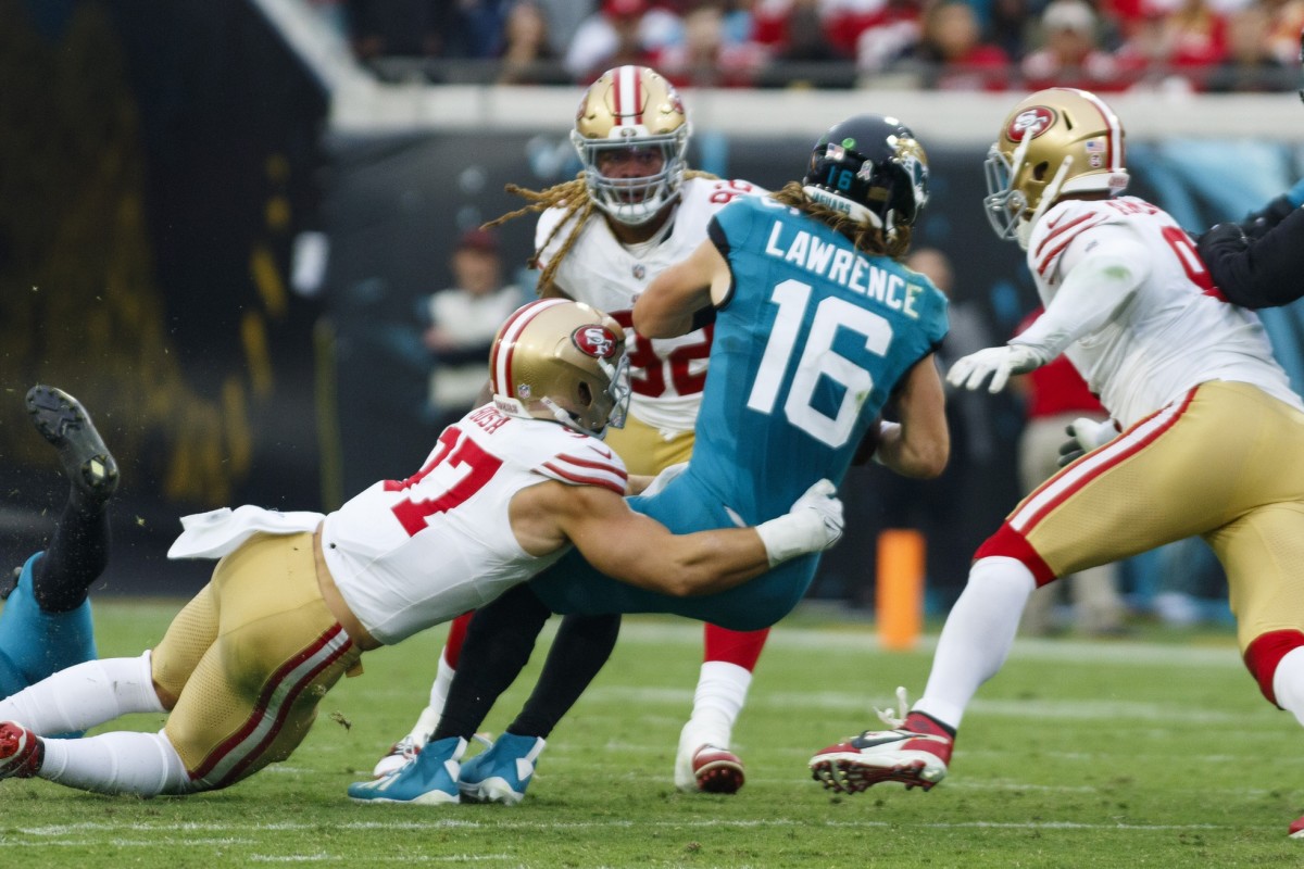 San Francisco defensive ends Nick Bosa and Chase Young beat up Jacksonville quarterback Trevor Lawrence with the 49er defense sacking him five times in their 34-3 victory in Week 10.