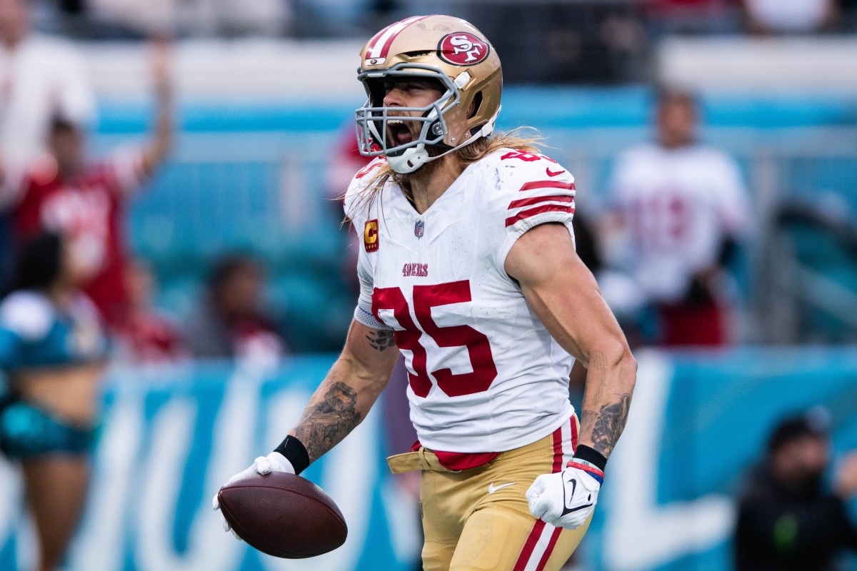 San Francisco tight end George Kittle celebrates after his 66-yard touchdown reception against the Jaguars in Week 10.