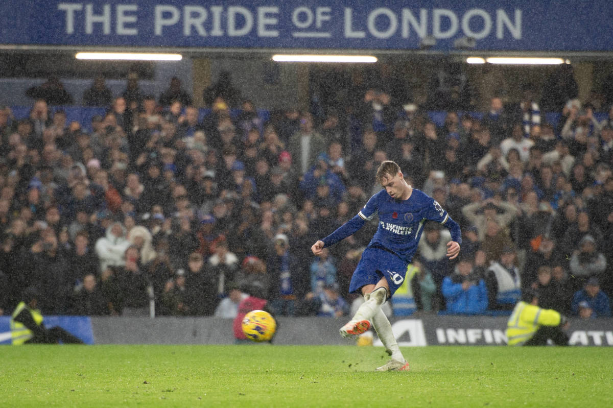 Cole Palmer pictured scoring a penalty kick for Chelsea against Manchester City in a 4-4 draw in November 2023