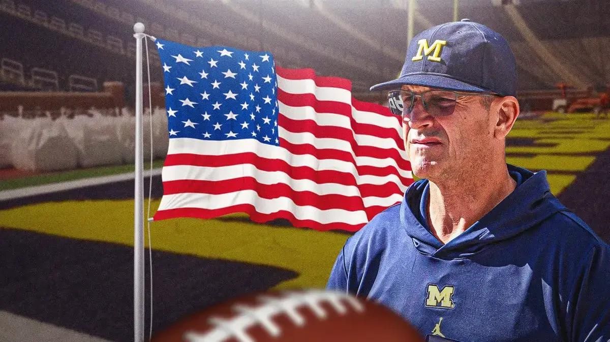 Jim Harbaugh with an American flag.