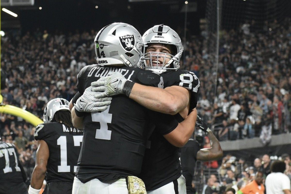 The Las Vegas Raiders All-Pro WR Davante Adams likes what he sees from rookies Aidan O'Connell and Michael Mayer.
