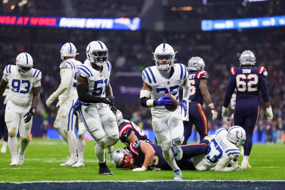 Nov 12, 2023; Frankfurt, Germany; Indianapolis Colts safety Julian Blackmon (32) reacts after intercepting the ball against the New England Patriots in the fourth quarter during an International Series game at Deutsche Bank Park. Mandatory Credit: Nathan Ray Seebeck-USA TODAY Sports