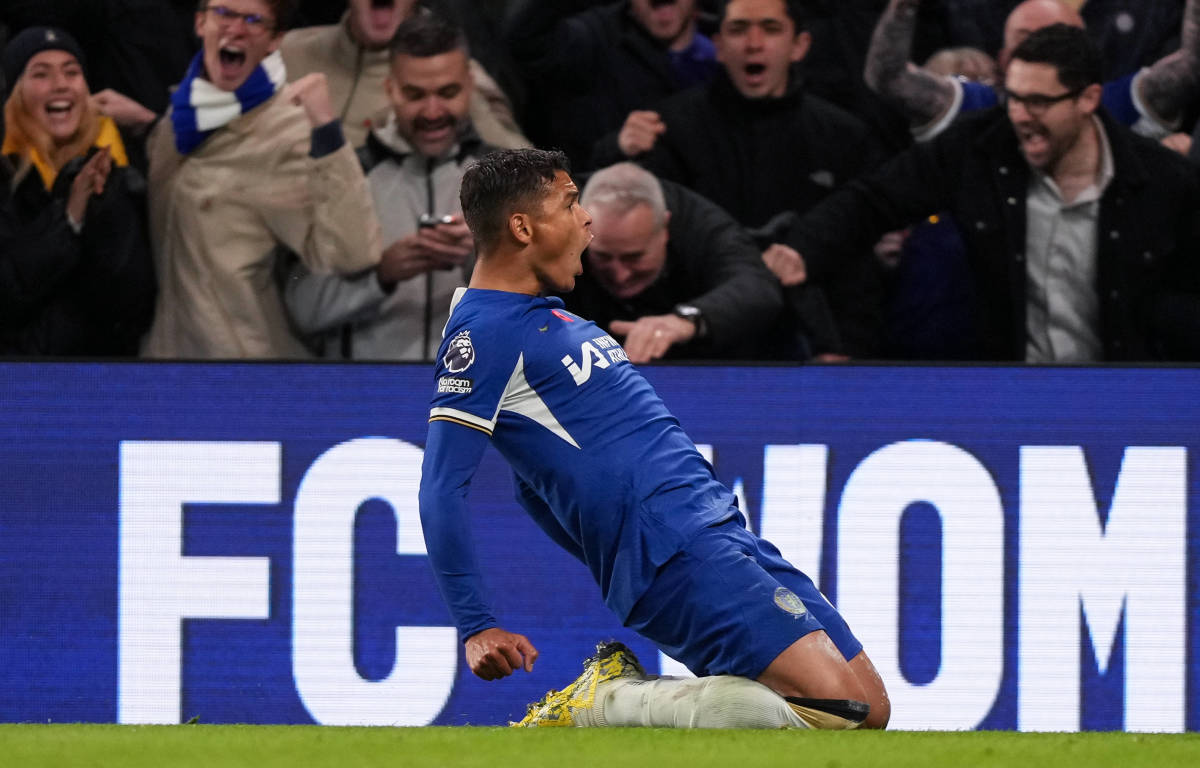 Thiago Silva pictured celebrating after scoring a goal for Chelsea during a 4-4 draw with Manchester City in November 2023