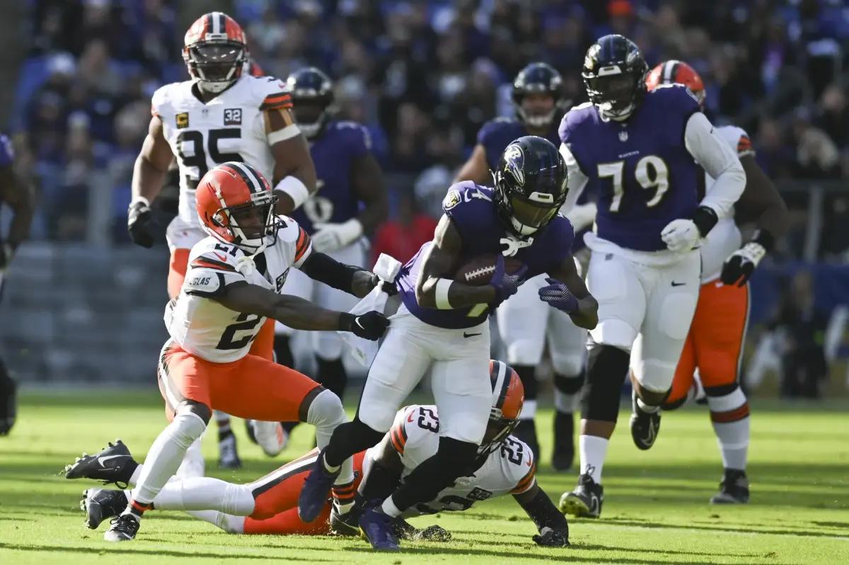 Zay Flowers led the Baltimore Ravens in receiving against the Cleveland Browns with five catches for 73 yards. 