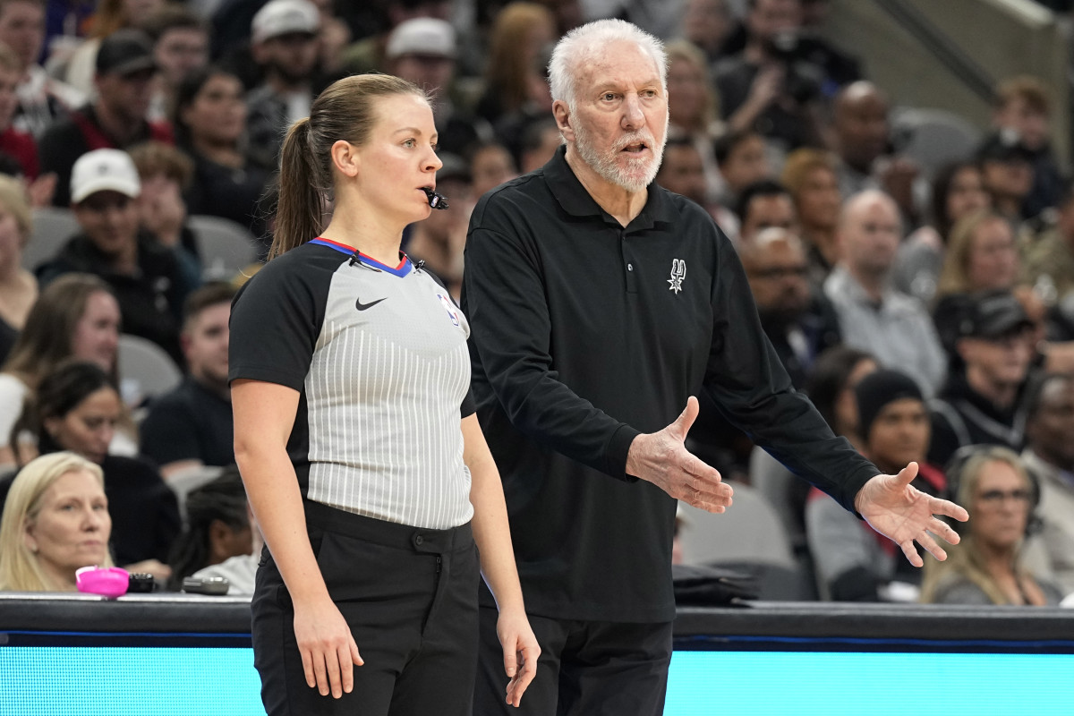 Nov 12, 2023; San Antonio, Texas, USA; San Antonio Spurs head coach Gregg Popovich argues a call with official Dannica Mosher (89) during the second half against the Miami Heat at Frost Bank Center.