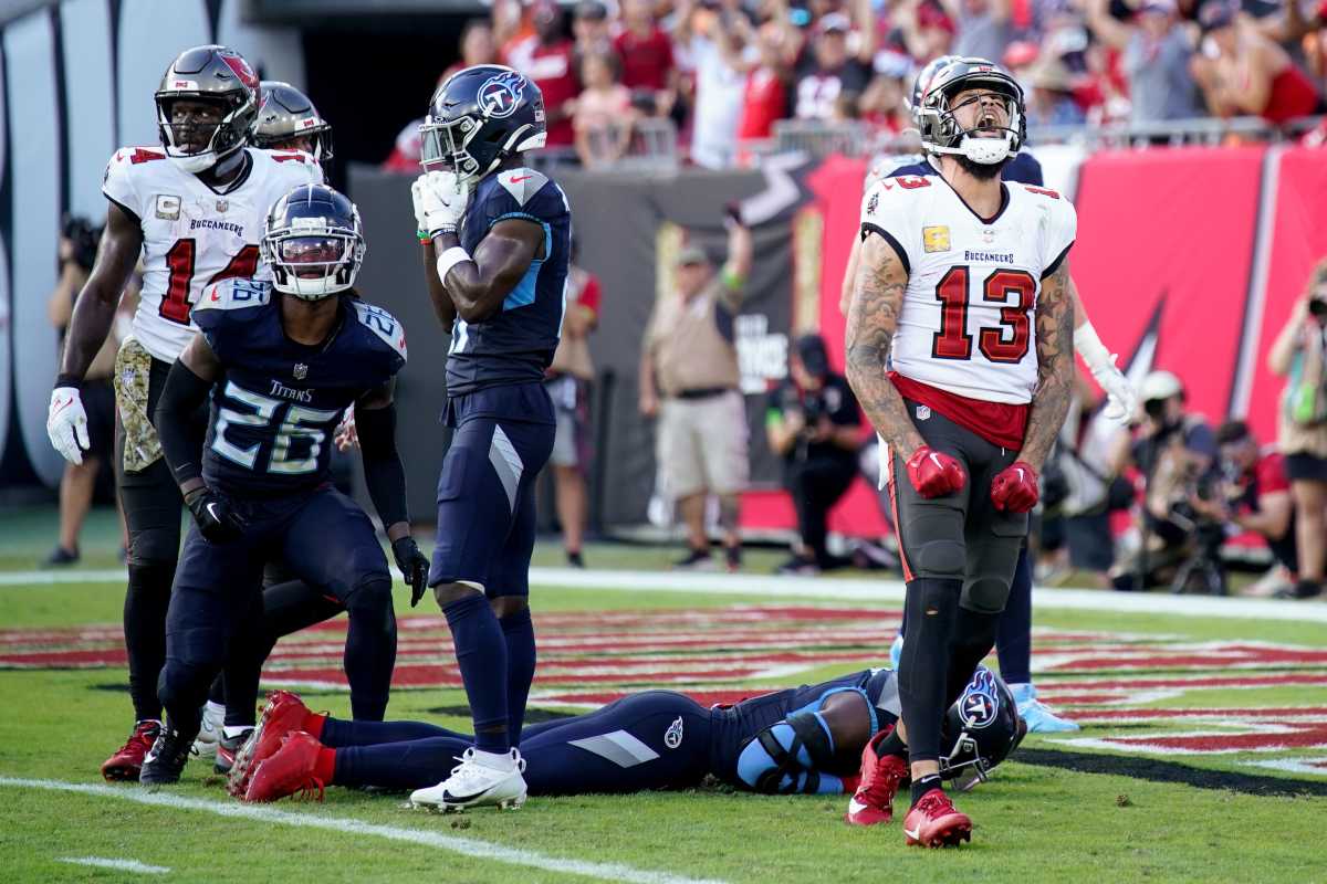 Tampa Bay Buccaneers wide receiver Mike Evans (13) celebrates his touchdown against the Tennessee Titans during the third quarter at Raymond James Stadium in Tampa, Fla., Sunday, Nov. 12, 2023.