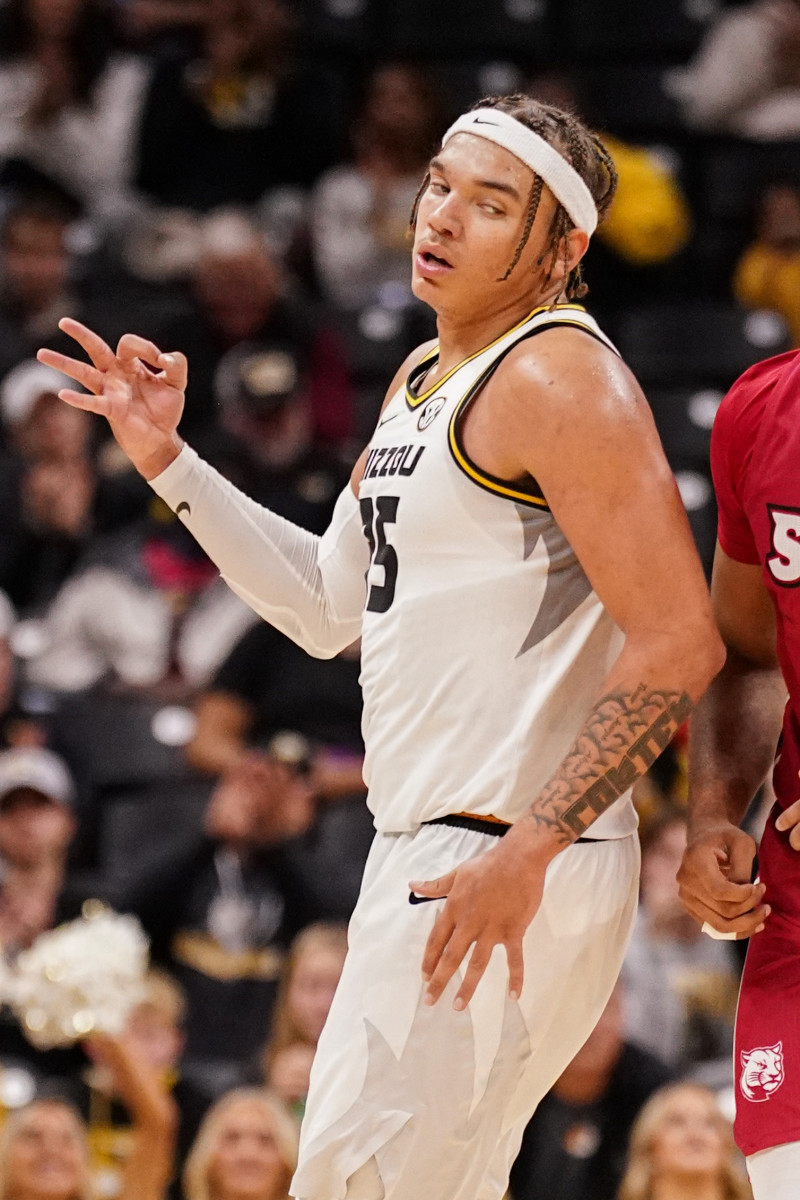 Nov 13, 2023; Columbia, Missouri, USA; Missouri Tigers forward Noah Carter (35) celebrates after a three-point basket against the SIU Edwardsville Cougars during the second half at Mizzou Arena.