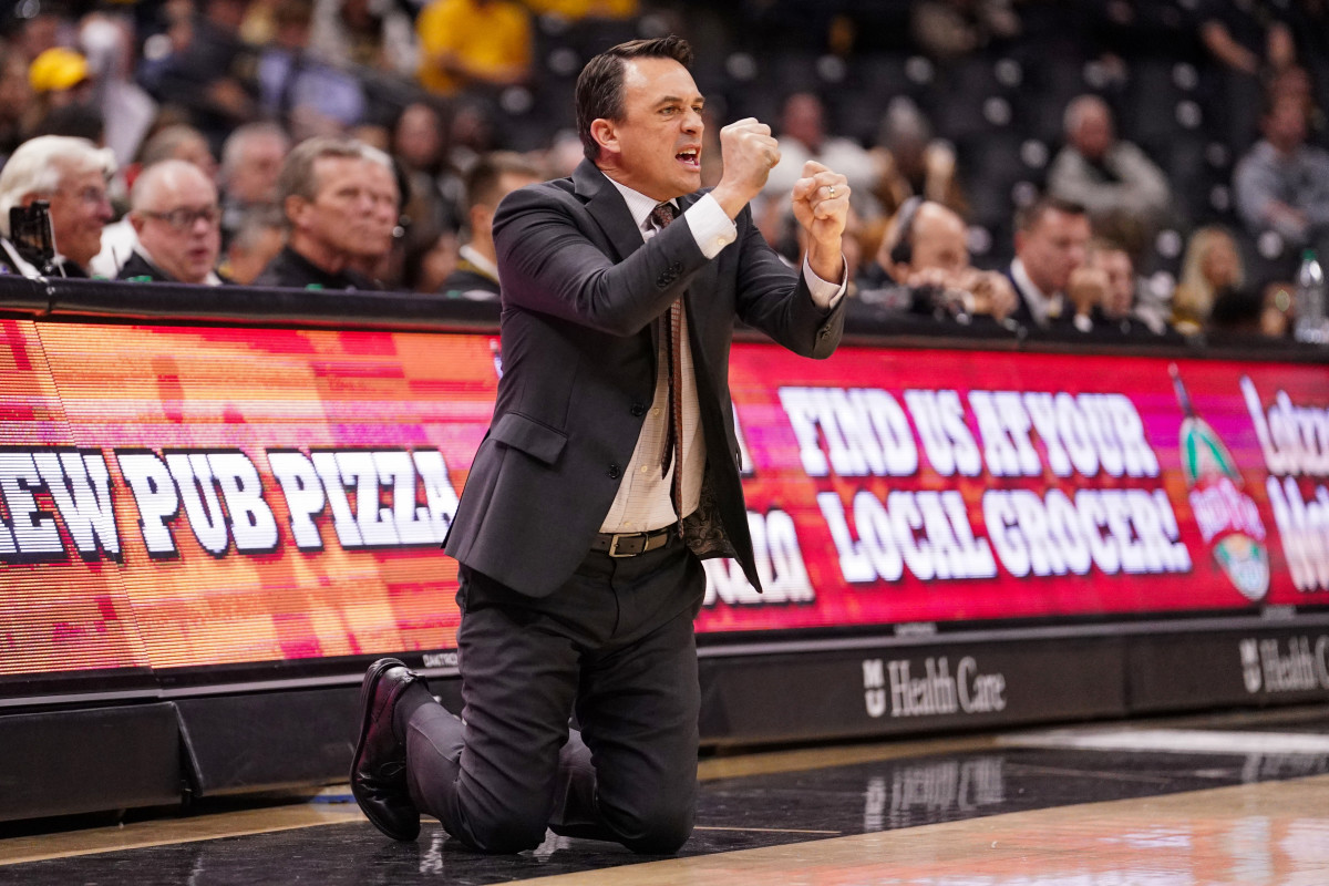 Nov 13, 2023; Columbia, Missouri, USA; SIU Edwardsville Cougars head coach Brian Barone reacts to play against the Missouri Tigers during the second half at Mizzou Arena.