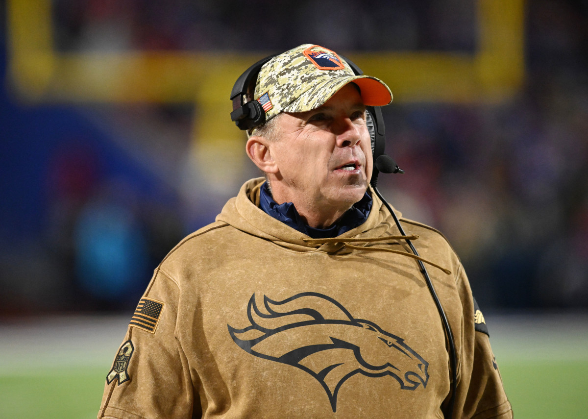 Nov 13, 2023; Orchard Park, New York, USA; Denver Broncos head coach Sean Payton looks to the scoreboard in the second quarter game against the Buffalo Bills at Highmark Stadium.