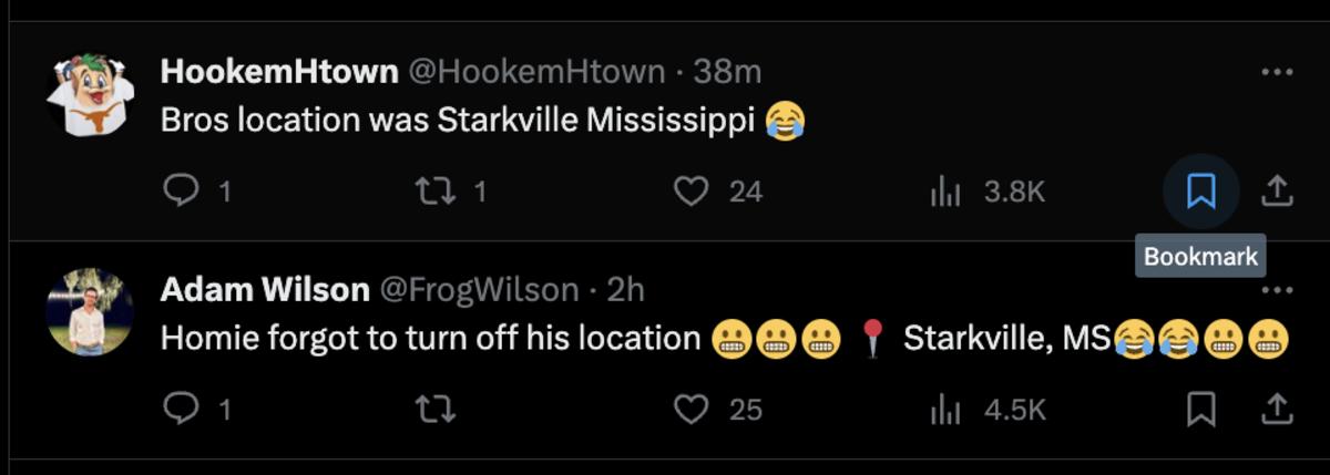 Screen shot of reactions to Jamey Chadwell's post that showed his location was Starkville, Mississippi Monday night.