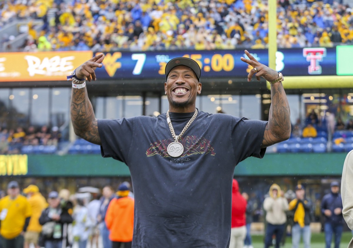 Sep 23, 2023; Morgantown, West Virginia, USA; Former West Virginia Mountaineer and current NFL player Bruce Irvin was honored during the first half as a member of the 2023 West Virginia University Sports Hall of Fame at Mountaineer Field at Milan Puskar Stadium.