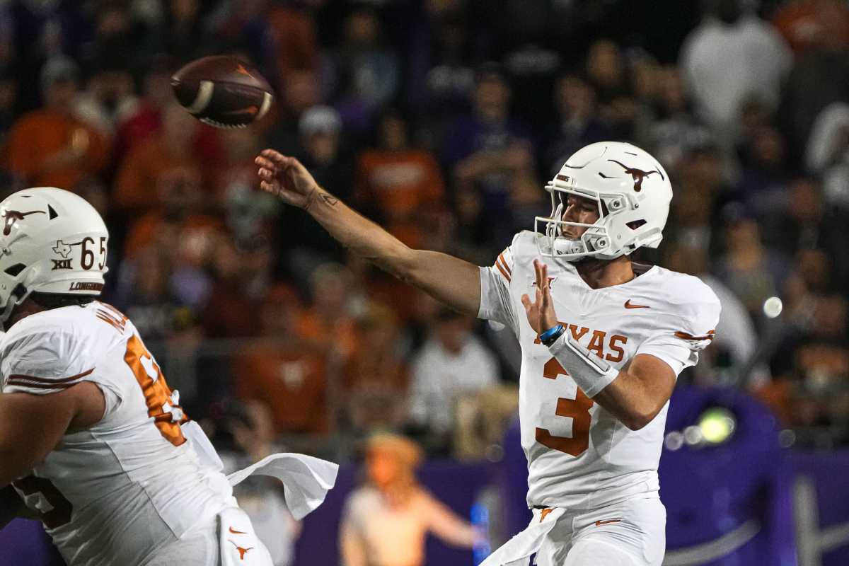 Texas Longhorns quarterback Quinn Ewers (3) throws a pass during the game against Texas Christian University at Amon G. Carter Stadium on Saturday, Nov. 11, 2023 in Fort Worth, Texas