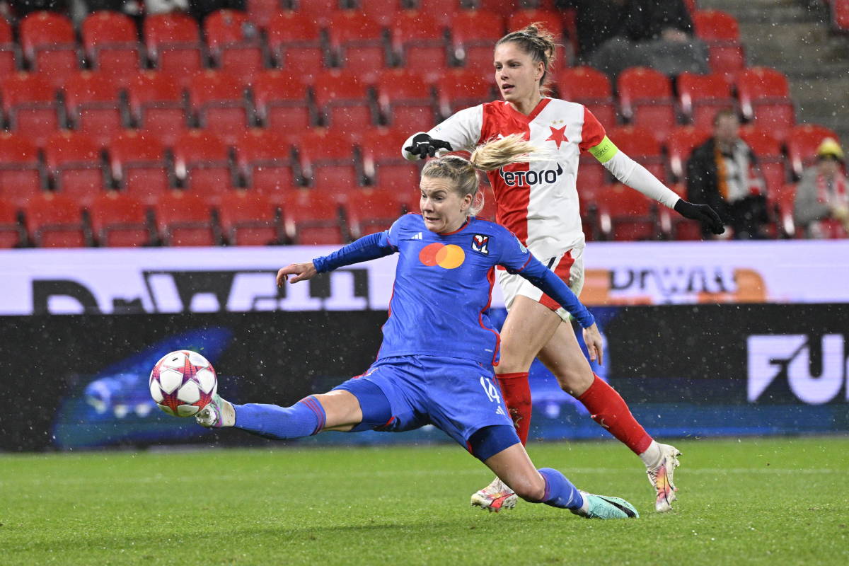 Ada Hegerberg pictured (left) playing for Lyon against Slavia Prague in the UEFA Women's Champions League in November 2023