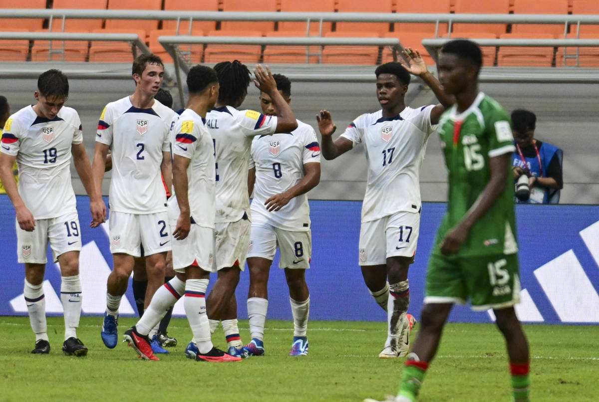 Keyrol Figueroa pictured (no.17) celebrating after scoring a goal for the USA against Burkina Faso at the 2023 FIFA U17 World Cup
