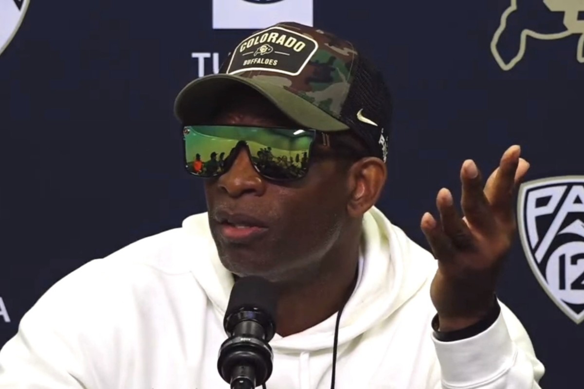 Deion Sanders talking to the media in a press conference on Nov. 14