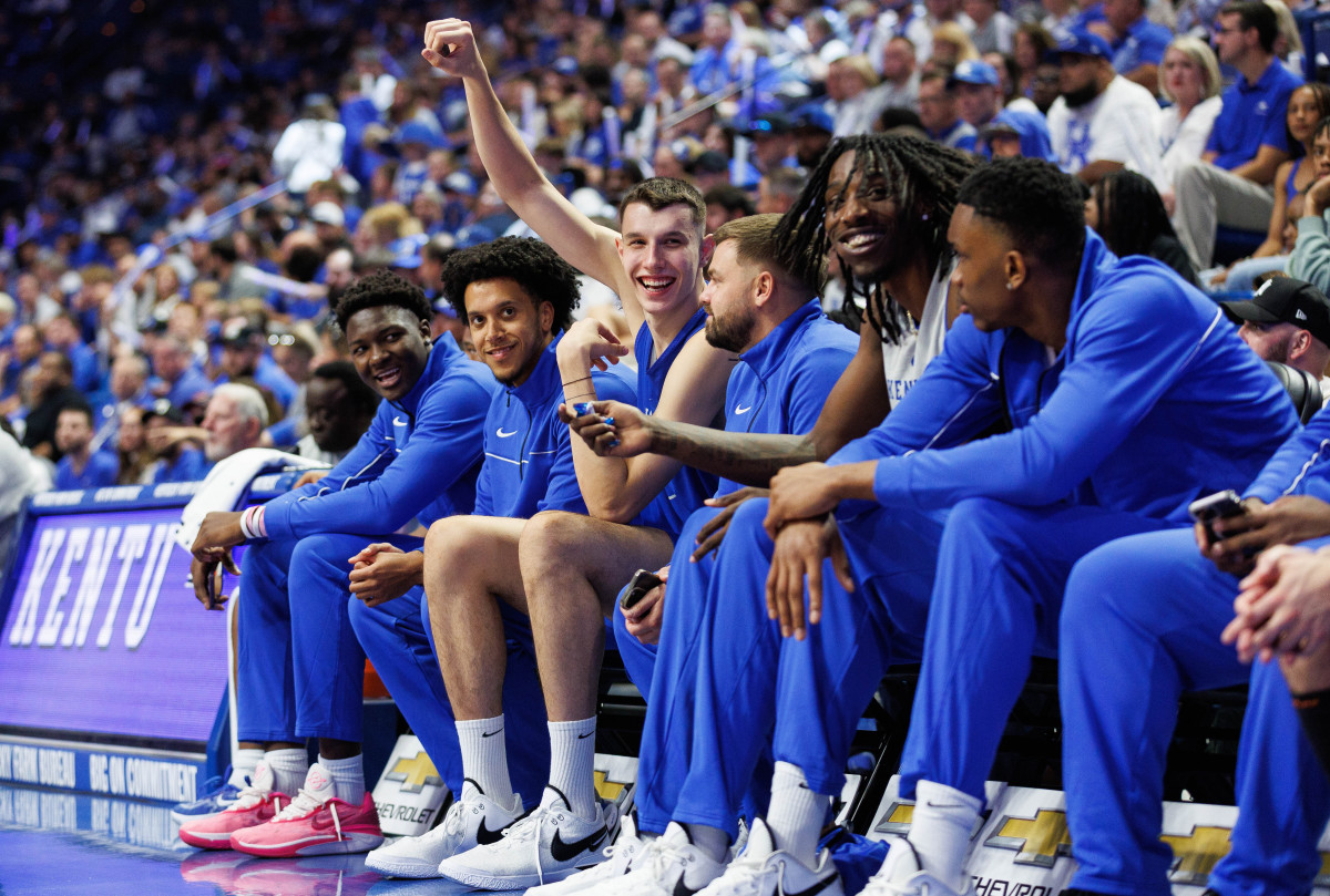 Oct 13, 2023; Lexington, KY, USA; Kentucky Wildcats forward Zvonimir Ivisic (44) reacts as the student sections chants Big Z during Big Blue Madness at Rupp Arena at Central Bank Center. Mandatory Credit: Jordan Prather-USA TODAY Sports