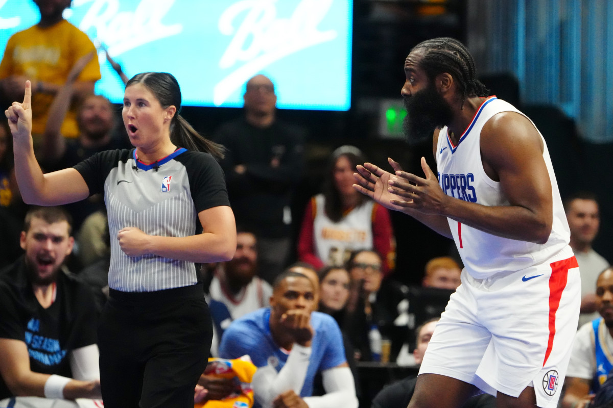 LA Clippers guard James Harden reacts to his foul called by NBA referee Natalie Sago in the second quarter against the Denver Nuggets at Ball Arena.