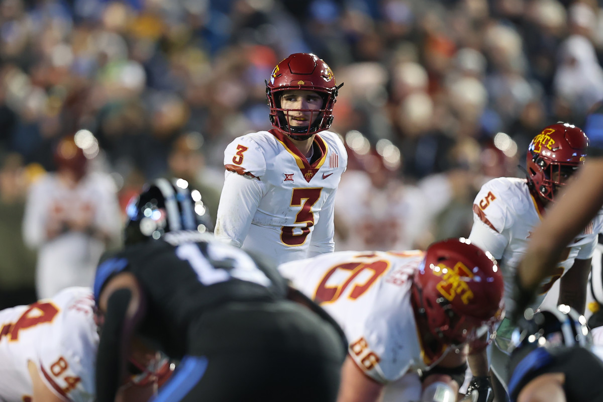 Iowa State Cyclones quarterback Rocco Becht (3) calls a play against the Brigham Young Cougars in the first half at LaVell Edwards Stadium.