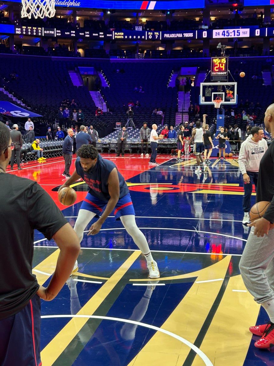 Joel Embiid warming up before his matchup against the Pacers.