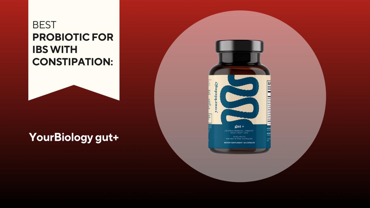 A brown bottle with a tan label with blue snake-like design of YourBiology gut+ probiotics