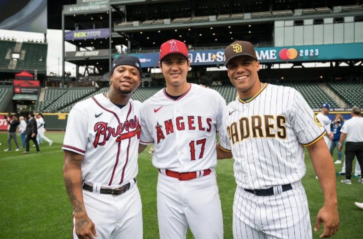 Ronald Acuña Jr, Shohei Ohtani, and Juan Soto pose for photos at the 2023 All Star Game in Seattle