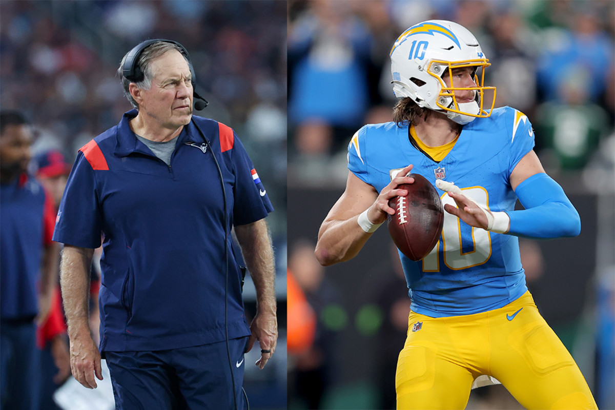Belichick with Justin Herbert of the Chargers, a team commonly linked to the coach.