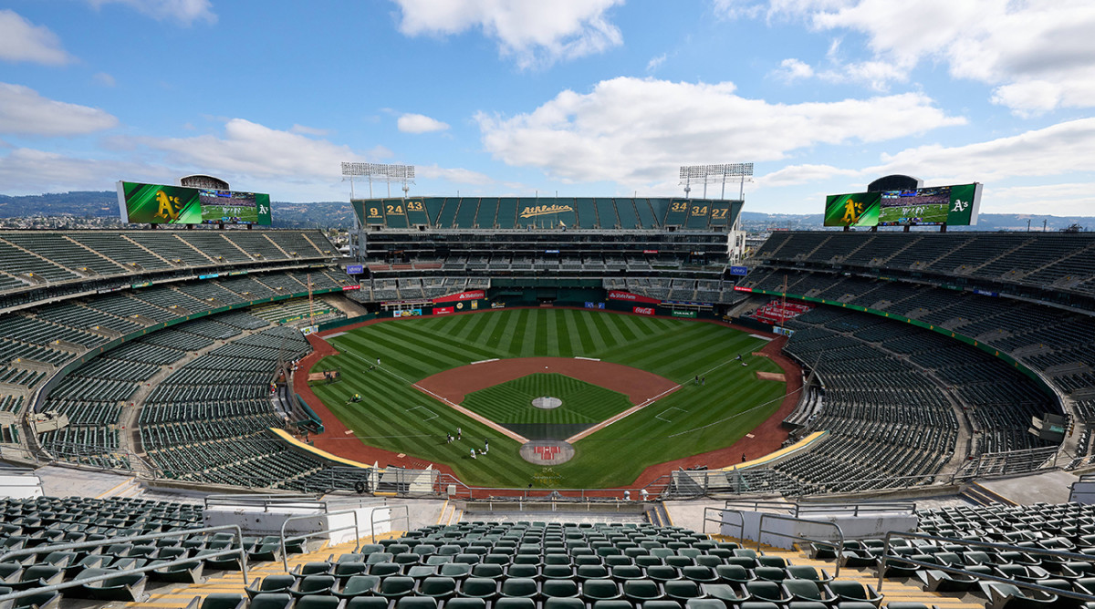 A general view of Oakland-Alameda County Coliseum from the third seating level before the game between the Tigers and the Athletics.