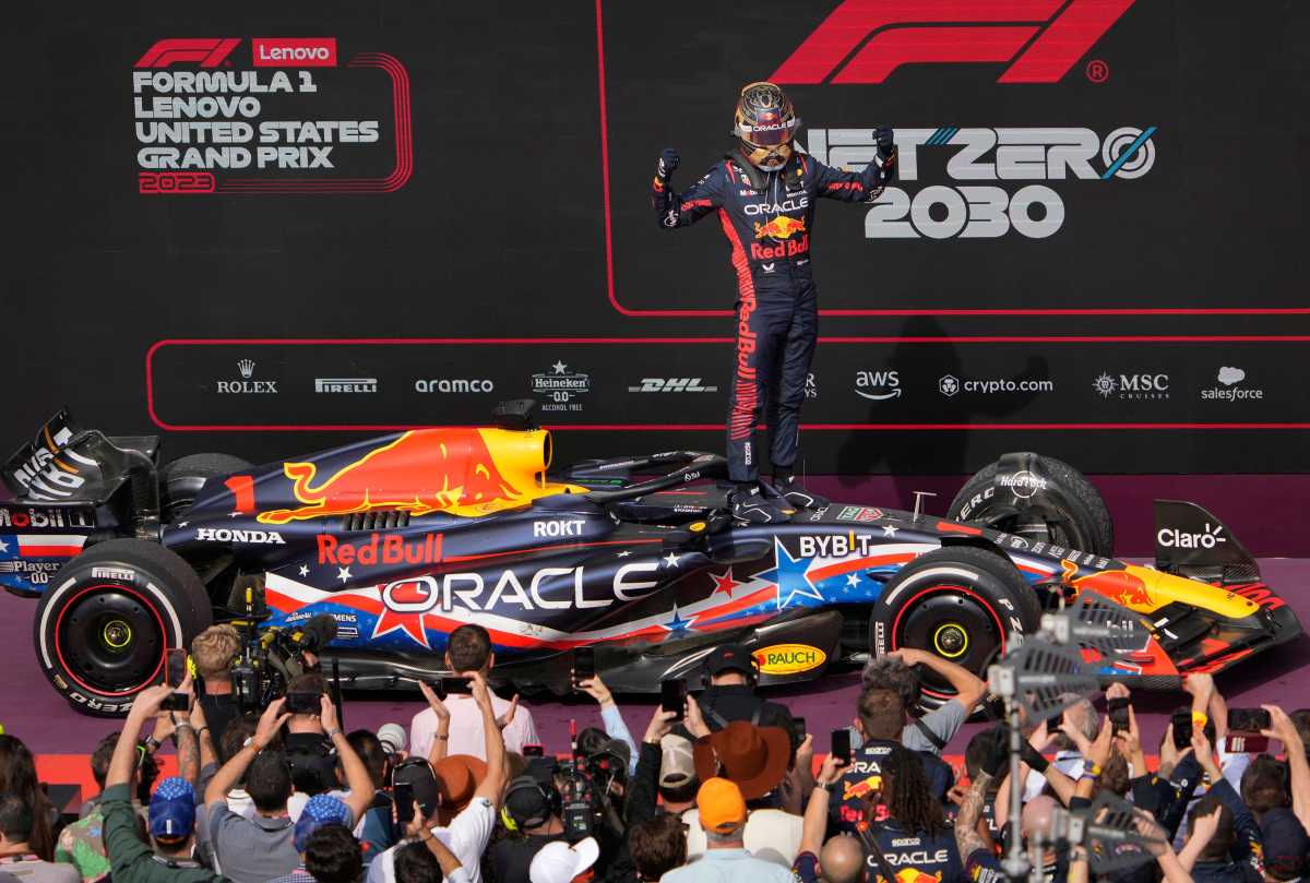 Oracle Red Bull Racing driver Max Verstappen of The Netherlands celebrates winning the Formula 1 Lenovo United States Grand Prix at Circuit of the Americas on Sunday October 22, 2023.