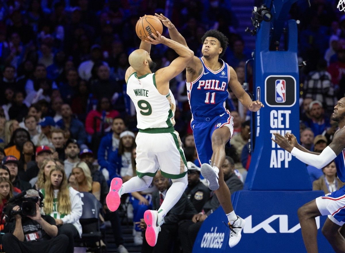 76ers' Jaden Springer gets his hand on a block against the Celtics.
