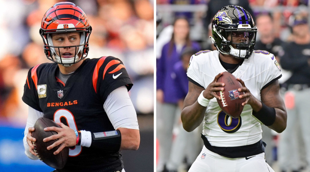 Joe Burrow looking to pass for the Bengals; Lamar Jackson looking to pass for the Ravens.