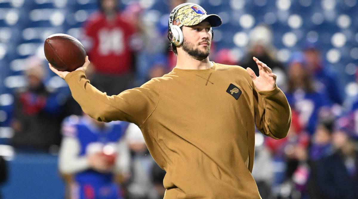 Bills quarterback Josh Allen throws a pass in warmups before a game.